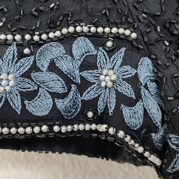 Vintage Papell Boutique Evening Top Womens Small Black Blue Floral Silk Beaded - Picture 5 of 14